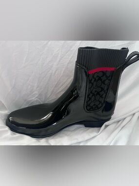 Coach G5255 Rivington Black Red Rain Rubber Ankle Boots Women Size 10